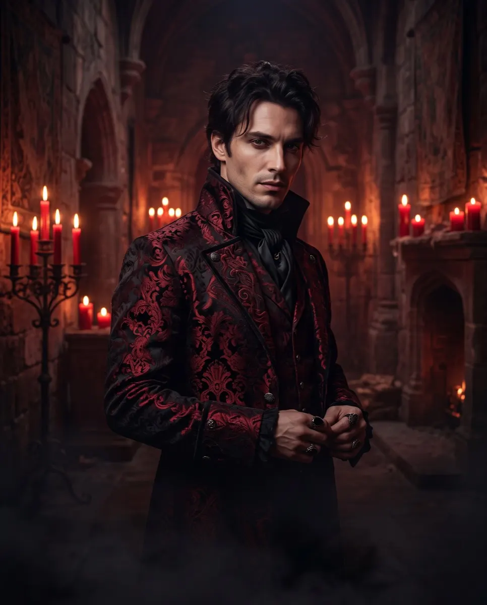 Affiche illustrée : adulte fictif en vampire élégant.
