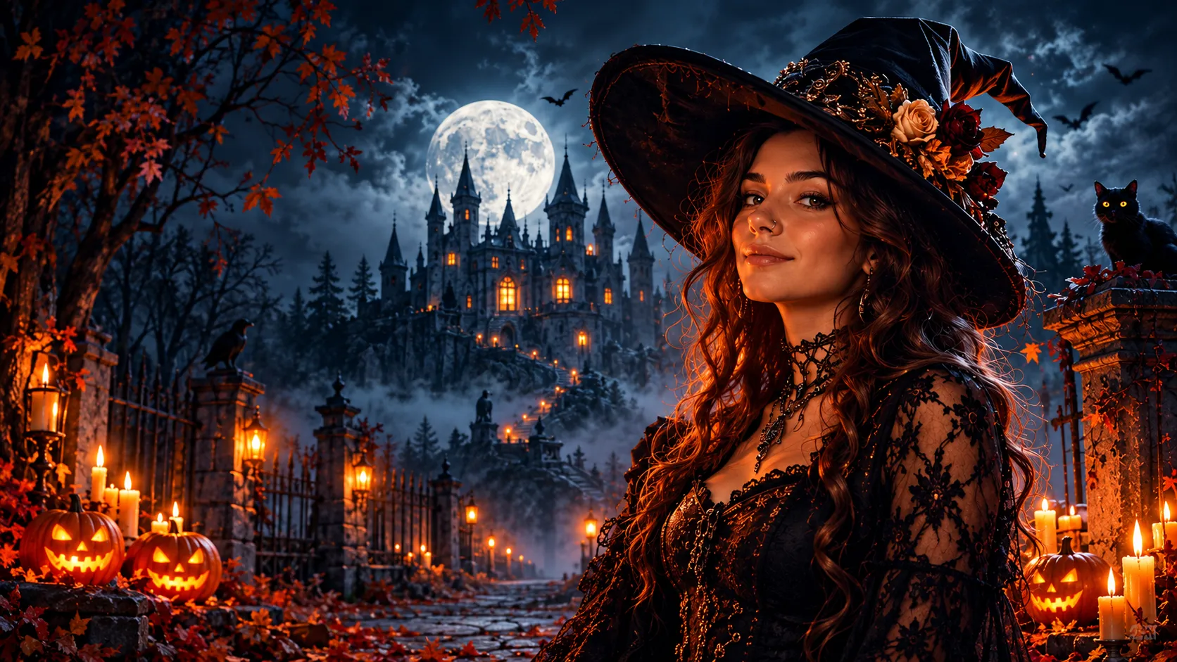 Sorcière fictive dans un décor d’Halloween éclairé par la lune.